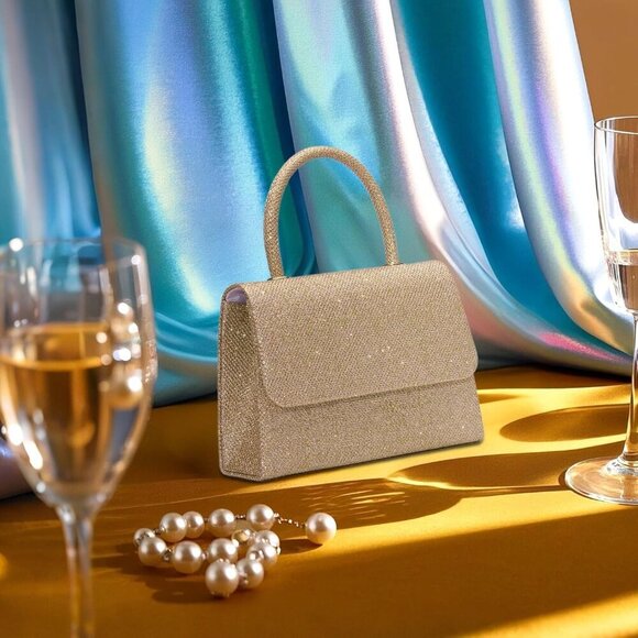 🆕Women's Champagne Glitter Top Handle Evening Purse w/ Chain, Party Prom Date - Picture 7 of 7